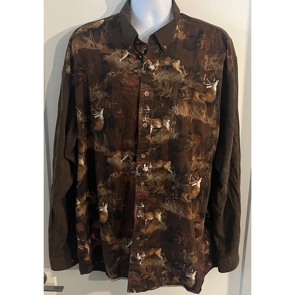 Vintage North River Outfitters Whitetail Deer  Print Hunting Shirt 2XL Tall